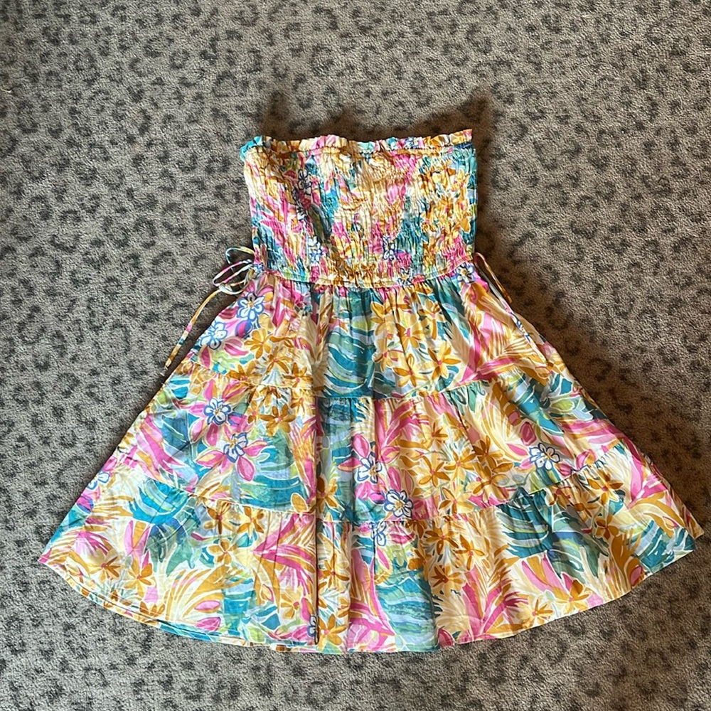 strapless floral mini dress